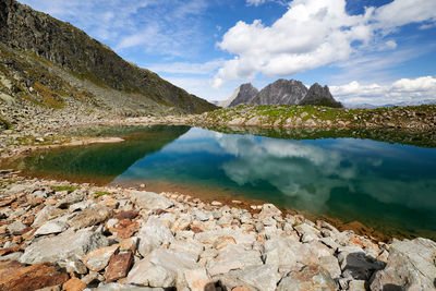 Scenic view of lake and mountains against sky