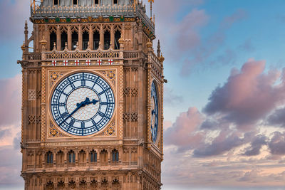 Close up view of the big ben clock tower and westminster in london.