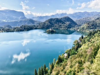 Scenic view of lake and mountains against sky