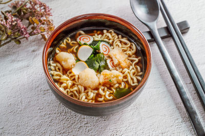 High angle view of soup in bowl