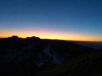 Scenic view of silhouette mountains against clear sky during sunset