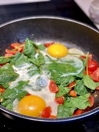 High angle view of fresh vegetables in pan