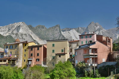 Houses and buildings against clear blue sky