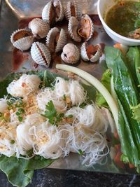 High angle view of food in bowl on table