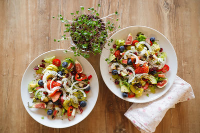 High angle view of salad in bowl on table