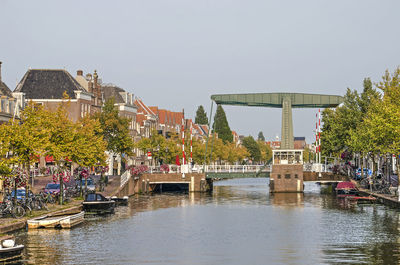 Canal and bridge in the old town of leiden, holland