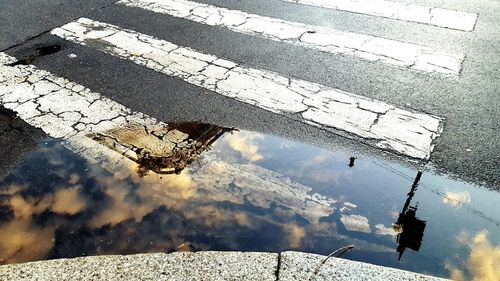 High angle view of reflection in puddle on lake