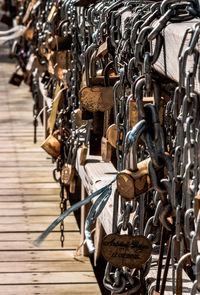 Close-up of chain hanging on clothesline