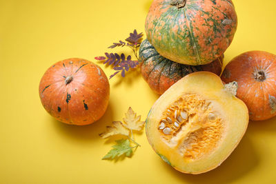 High angle view of pumpkins against orange background