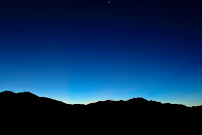 Scenic view of silhouette mountains against clear blue sky at night