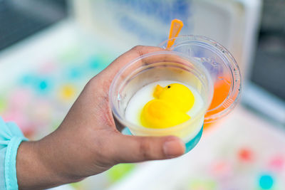 Cropped image of hand holding drink with duck shape sweet