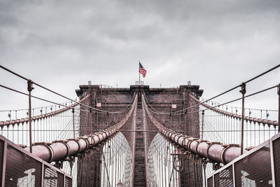 Suspension bridge in city against cloudy sky