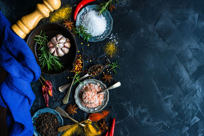 High angle view of spices and seasonings on table