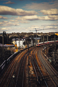 High angle view of railroad tracks against sky during sunset