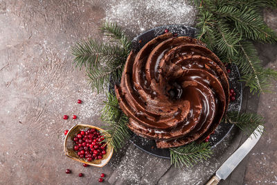 High angle view of chocolate cake on table