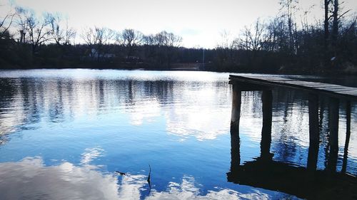 Reflection of trees in water against sky