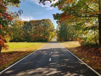 Road amidst trees against sky during autumn