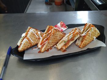 High angle view of food in plate on table