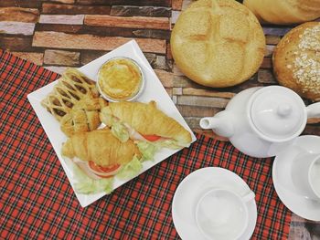 High angle view of breakfast on table