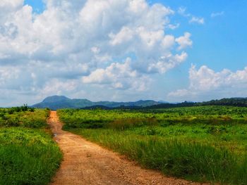 Dirt road amidst field against sky