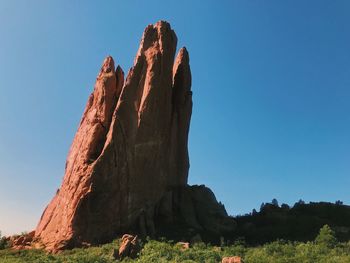 Low angle view of rock formations against clear blue sky