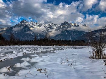 Scenic view of snowcapped mountains against sky