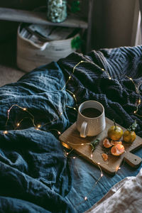 High angle view of coffee cup on table