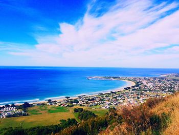 Scenic view of sea against blue sky