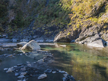 Scenic view of river flowing through rocks