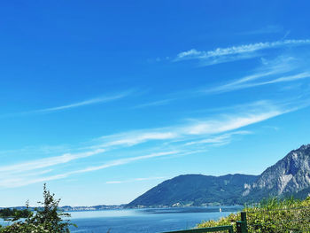 Scenic view of sea and mountains against blue sky