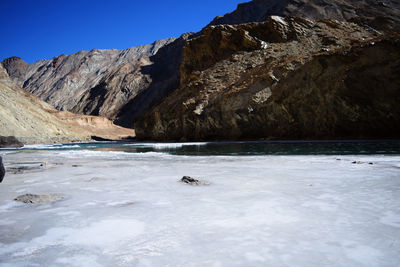Frozen lake against mountain range