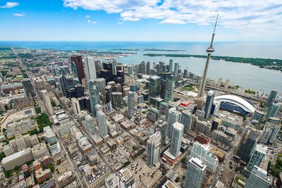 High angle view of modern buildings against sky