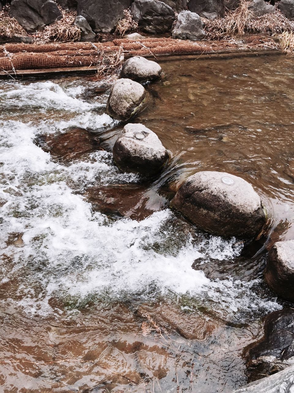 water, rock - object, nature, tranquility, river, tree, beauty in nature, tranquil scene, high angle view, stream, forest, scenics, day, outdoors, flowing water, lake, no people, non-urban scene, stone - object, reflection