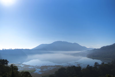 Scenic view of mountains against clear blue sky