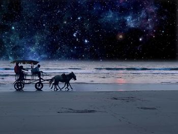 Horse cart on beach against the sky