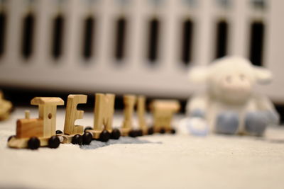 Close-up of toy toys on wood
