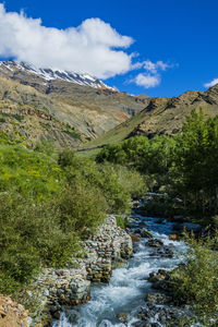 Scenic view of river flowing amidst landscape against sky