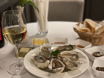 Close-up of food served on table
