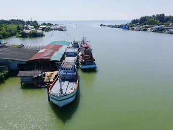 High angle view of ship moored on sea