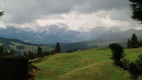 Scenic view of mountains against cloudy sky