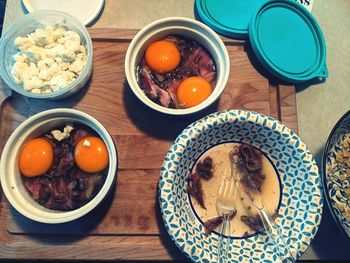 High angle view of breakfast on table