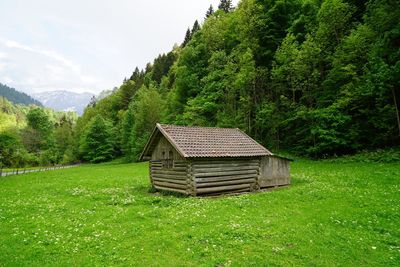 Gazebo on grassy field against trees