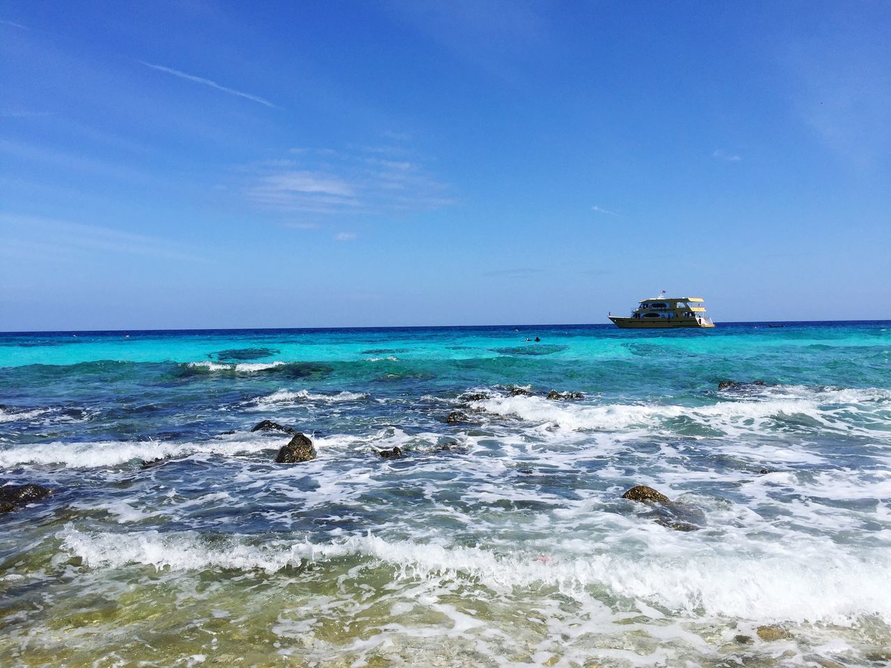 sea, horizon over water, blue, beach, sky, scenics, tranquility, water, tranquil scene, clear sky, beauty in nature, nature, outdoors, no people, day, nautical vessel, astronomy