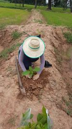 High angle view of hat on field