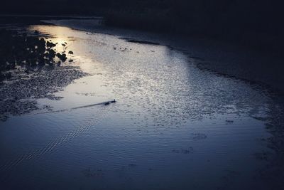 High angle view of lake against sky during sunset