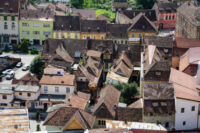 High angle view of residential buildings in city