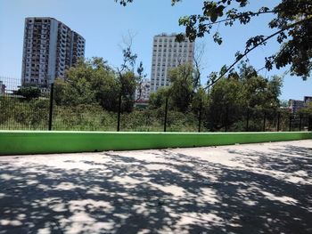 Trees and plants growing in park by buildings against sky