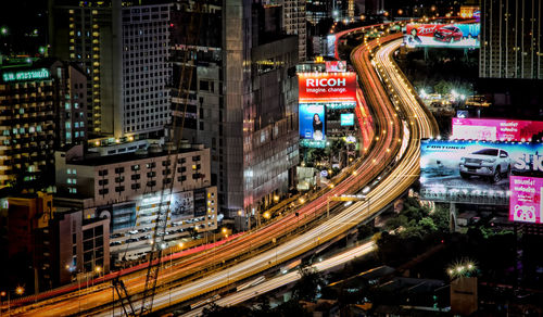 High angle view of traffic on city street at night