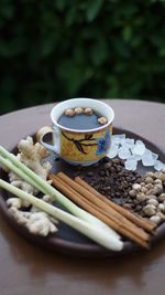 High angle view of breakfast on table