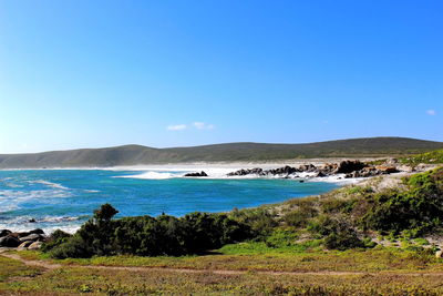 Scenic view of sea against clear blue sky